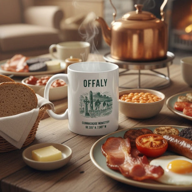 Breakfast scene with a mug, plate of food, and teapot in a cozy room with a fireplace.