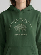 Green hoodie with 'Antrim Giants Causeway' design on a plain background