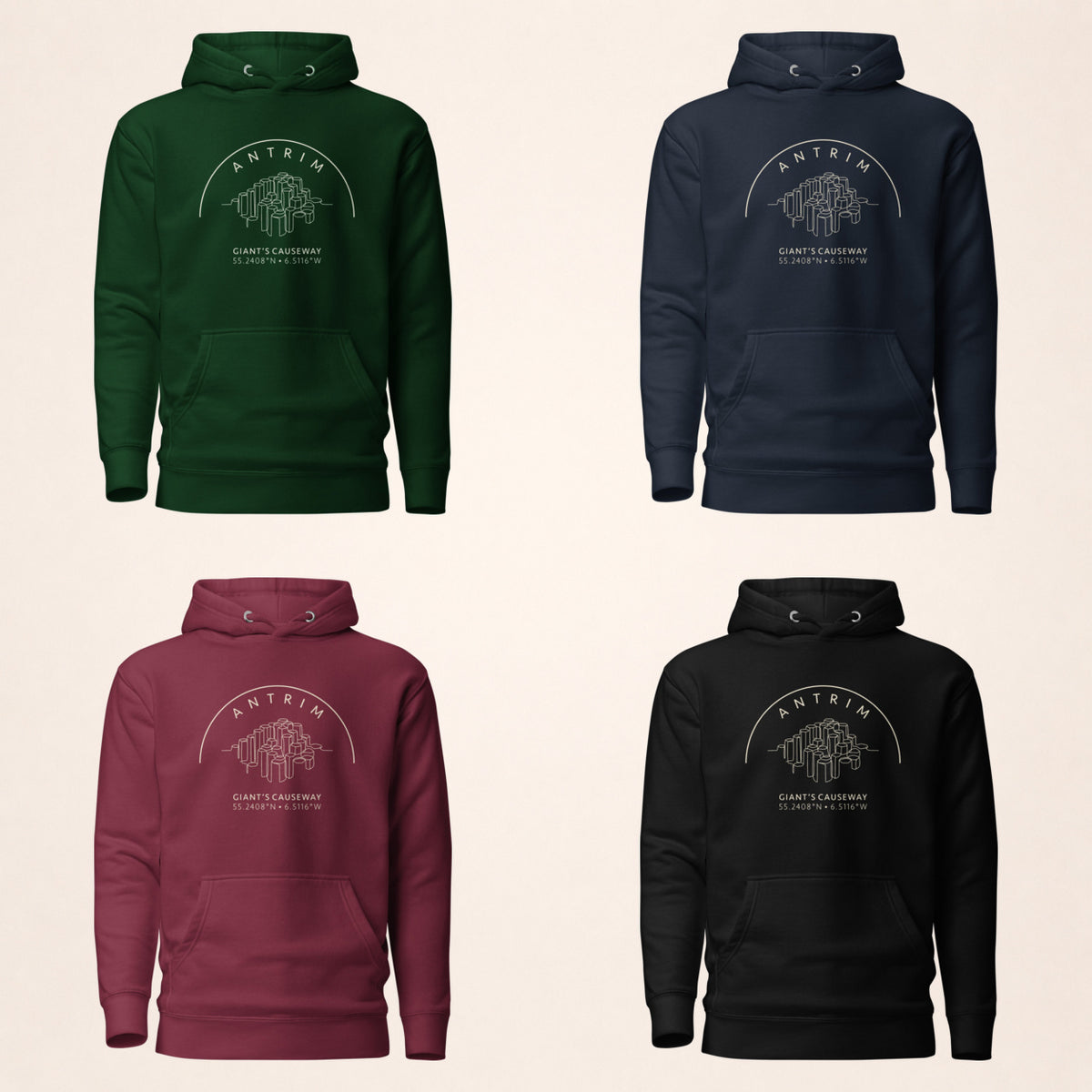 Antrim Giant’s Causeway hoodie in forest green, navy, maroon and black