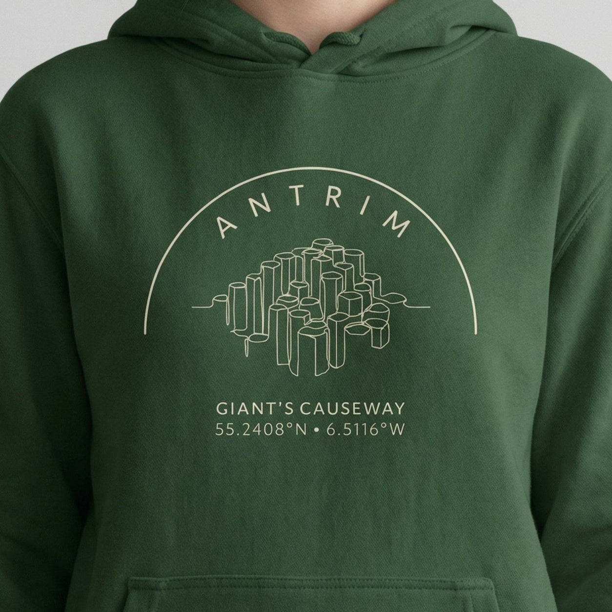 Close-up of the Antrim Giant’s Causeway hoodie chest design