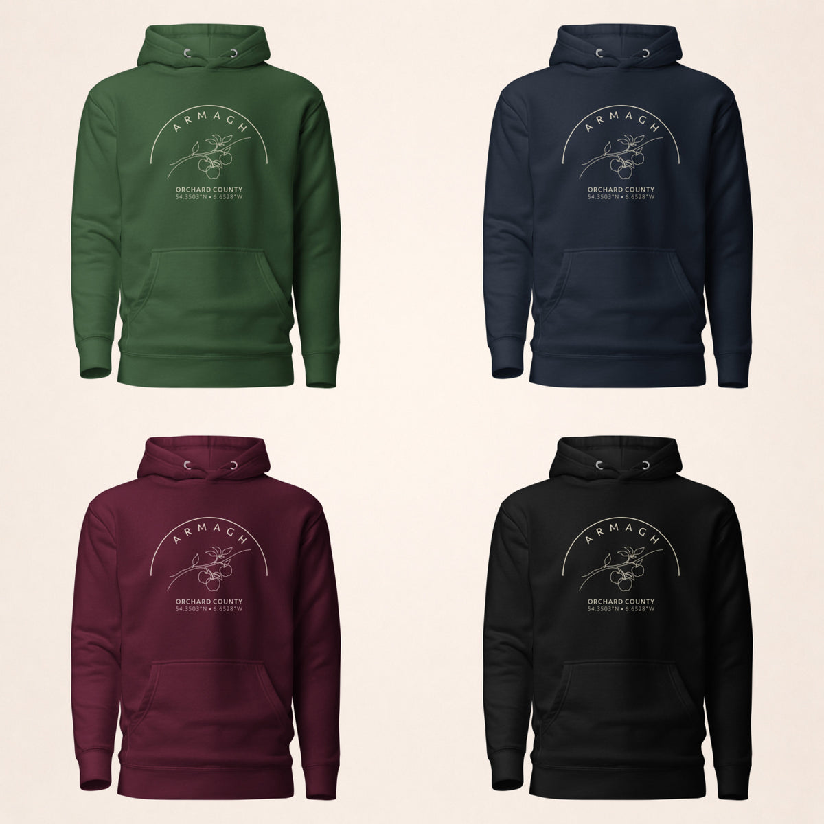Armagh Blossom hoodie in forest green, navy, maroon and black