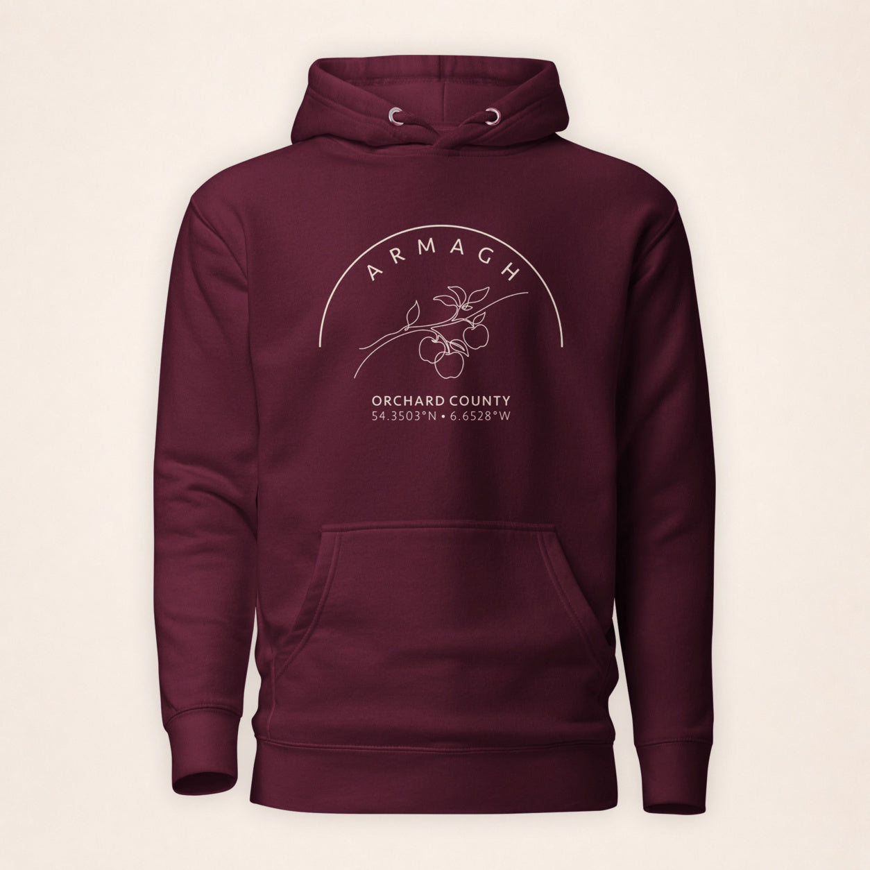 Armagh Blossom maroon hoodie on a warm ivory background