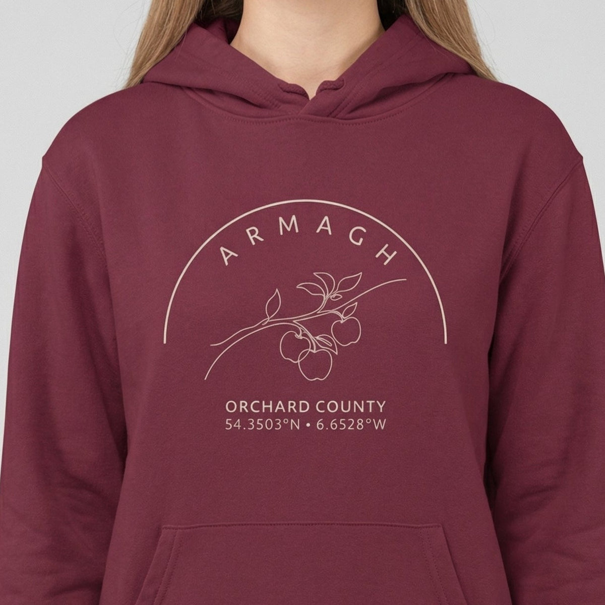 Close-up of the Armagh Blossom hoodie chest design