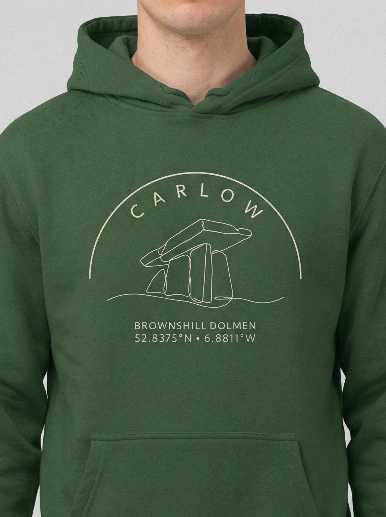 Green hoodie with Carlow Brownshill Dolmen design on a gray background