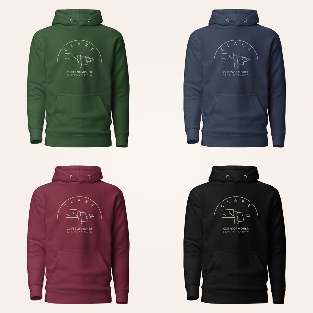 Clare Cliffs of Moher hoodie in forest green navy maroon and black