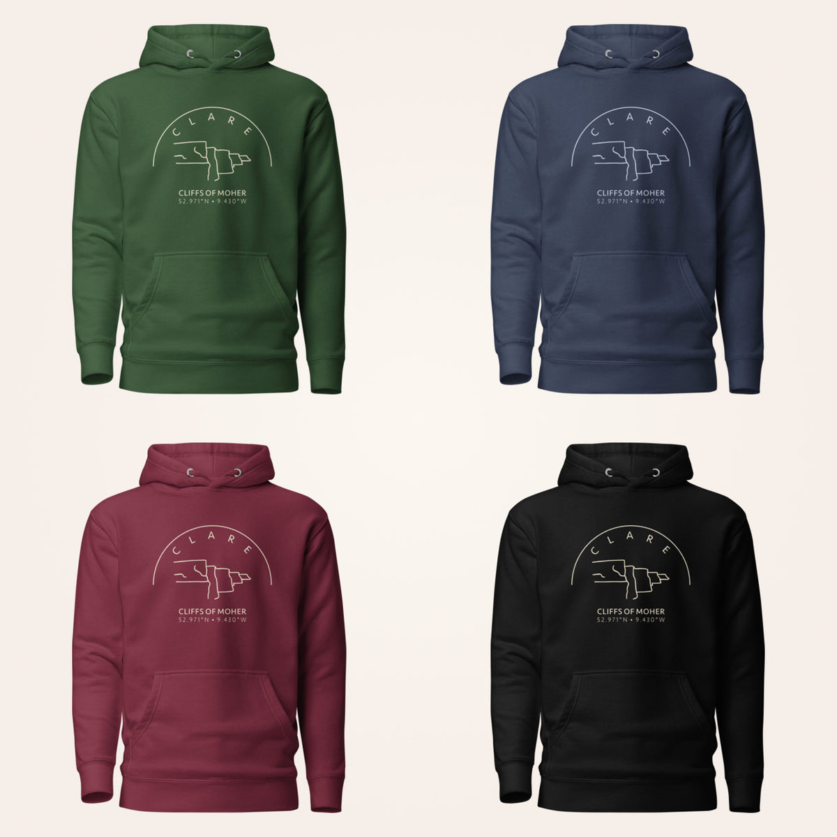Clare Cliffs of Moher hoodie in forest green navy maroon and black