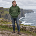 Man wearing the Clare Cliffs of Moher forest green hoodie at the Cliffs of Moher