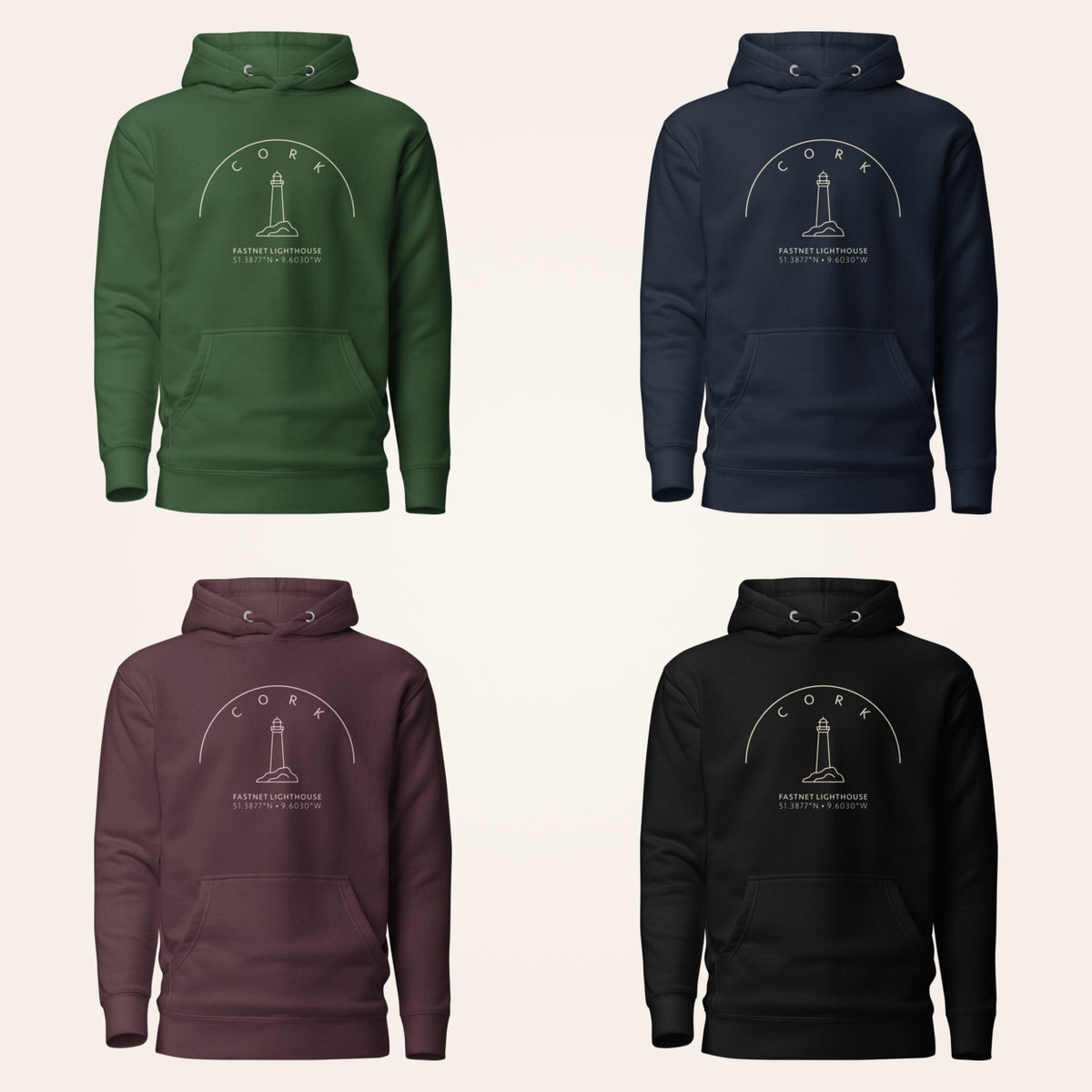 Cork Fastnet Lighthouse hoodie in forest green navy maroon and black