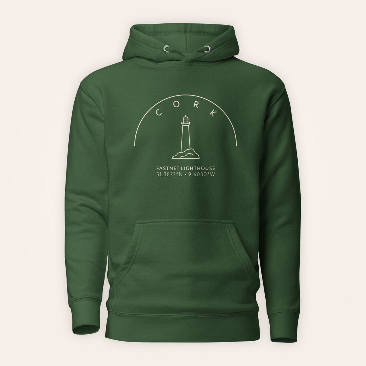 Cork Fastnet Lighthouse hoodie front view on warm ivory background