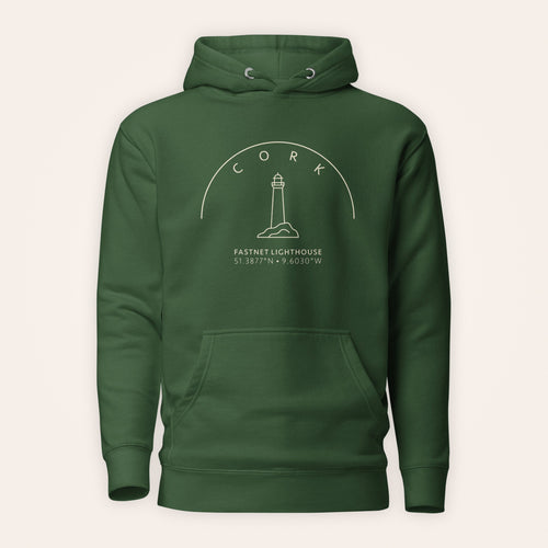 Cork Fastnet Lighthouse hoodie front view on warm ivory background