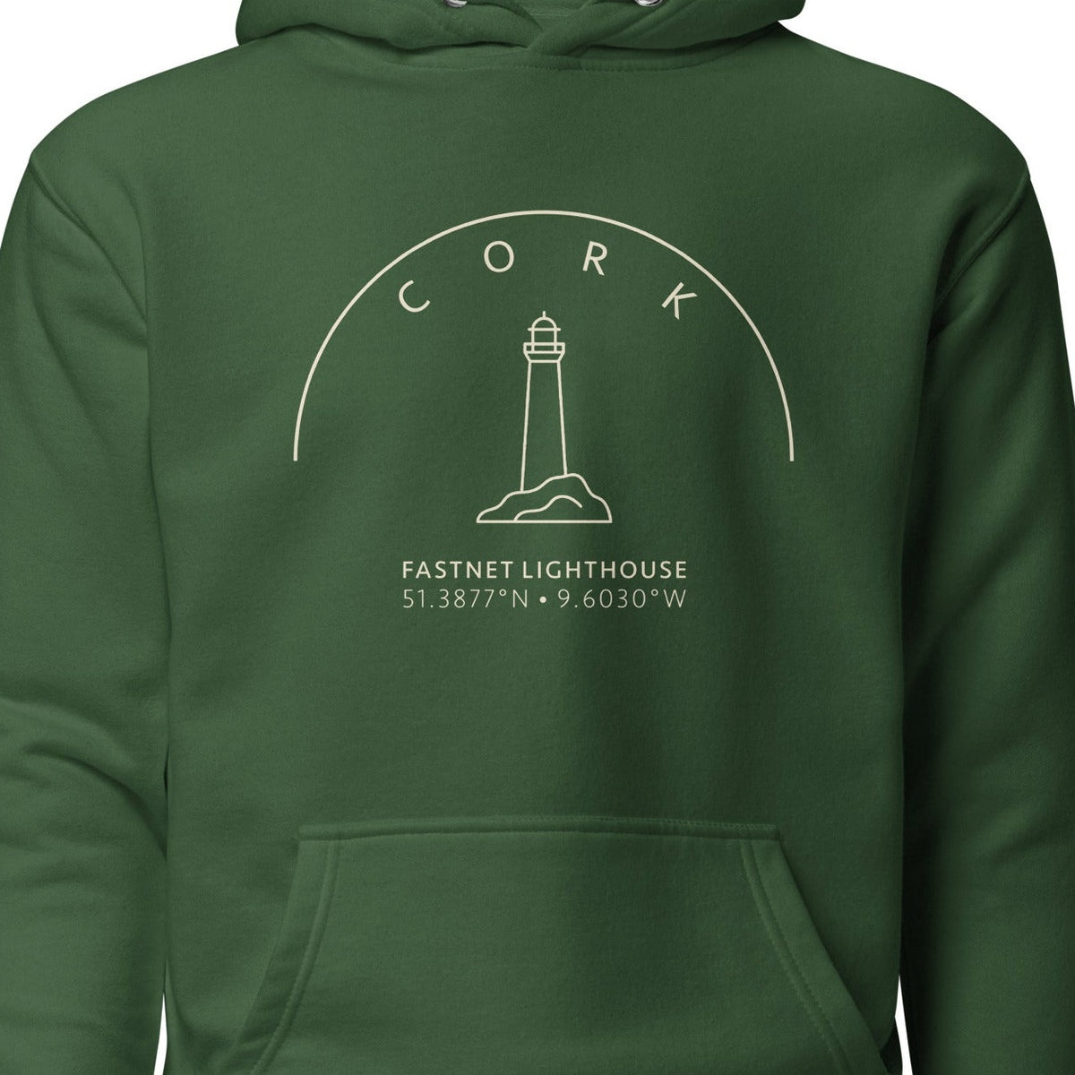 Cork Fastnet Lighthouse hoodie chest design detail