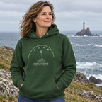 Woman wearing the Cork Fastnet Lighthouse forest green hoodie on the Cork coast