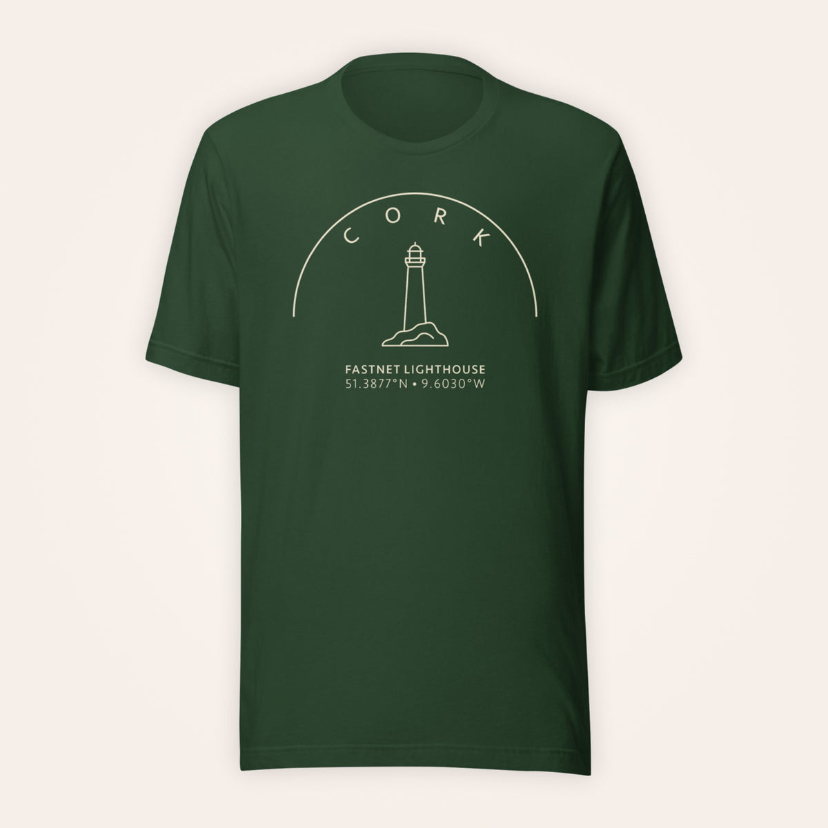 Cork Fastnet Lighthouse forest green T-shirt on warm ivory background