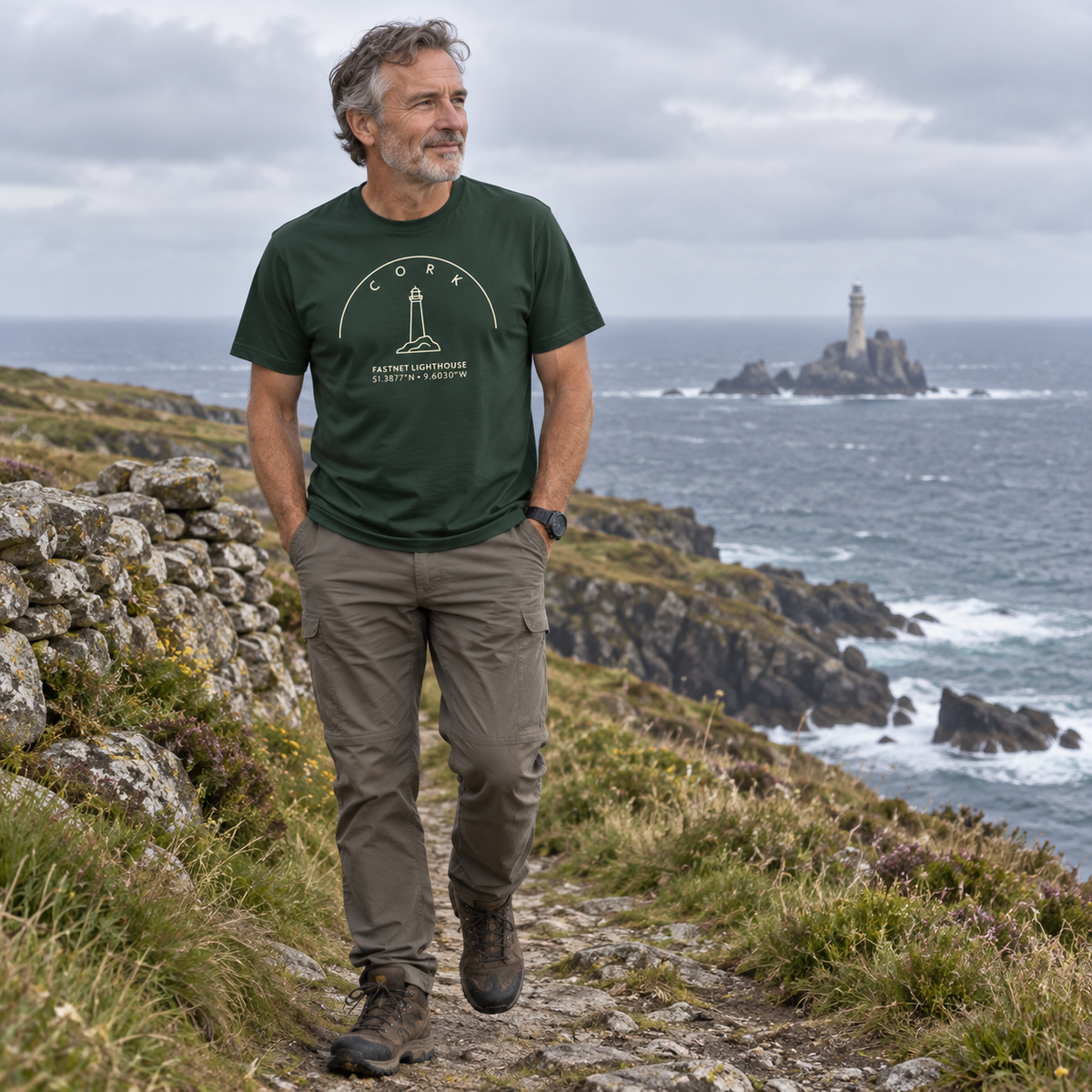 Man wearing Cork Fastnet Lighthouse forest green T-shirt
