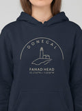 Navy blue hoodie with Donegal Fanad Head design on a gray background