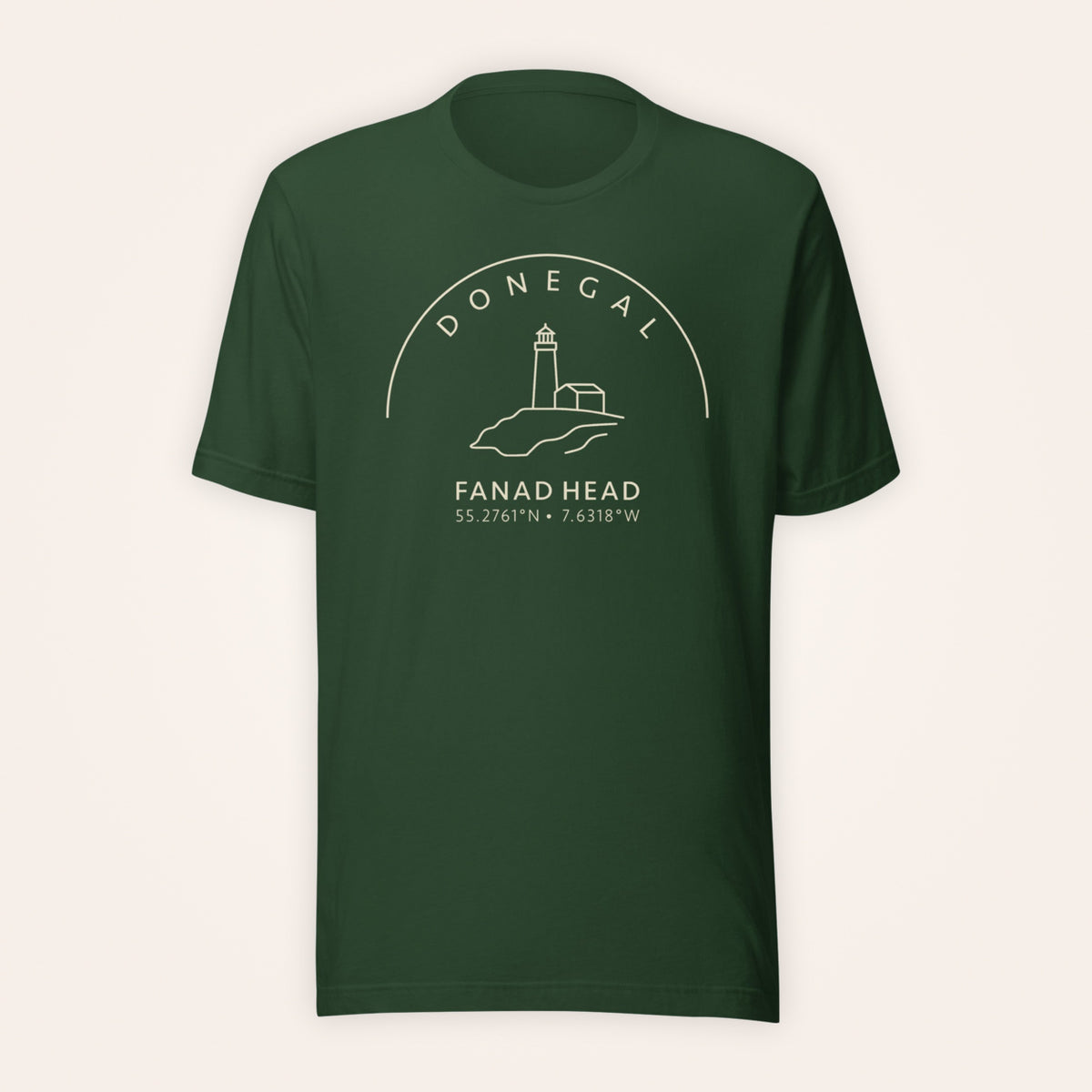 Donegal Fanad Head forest green T-shirt on warm ivory background