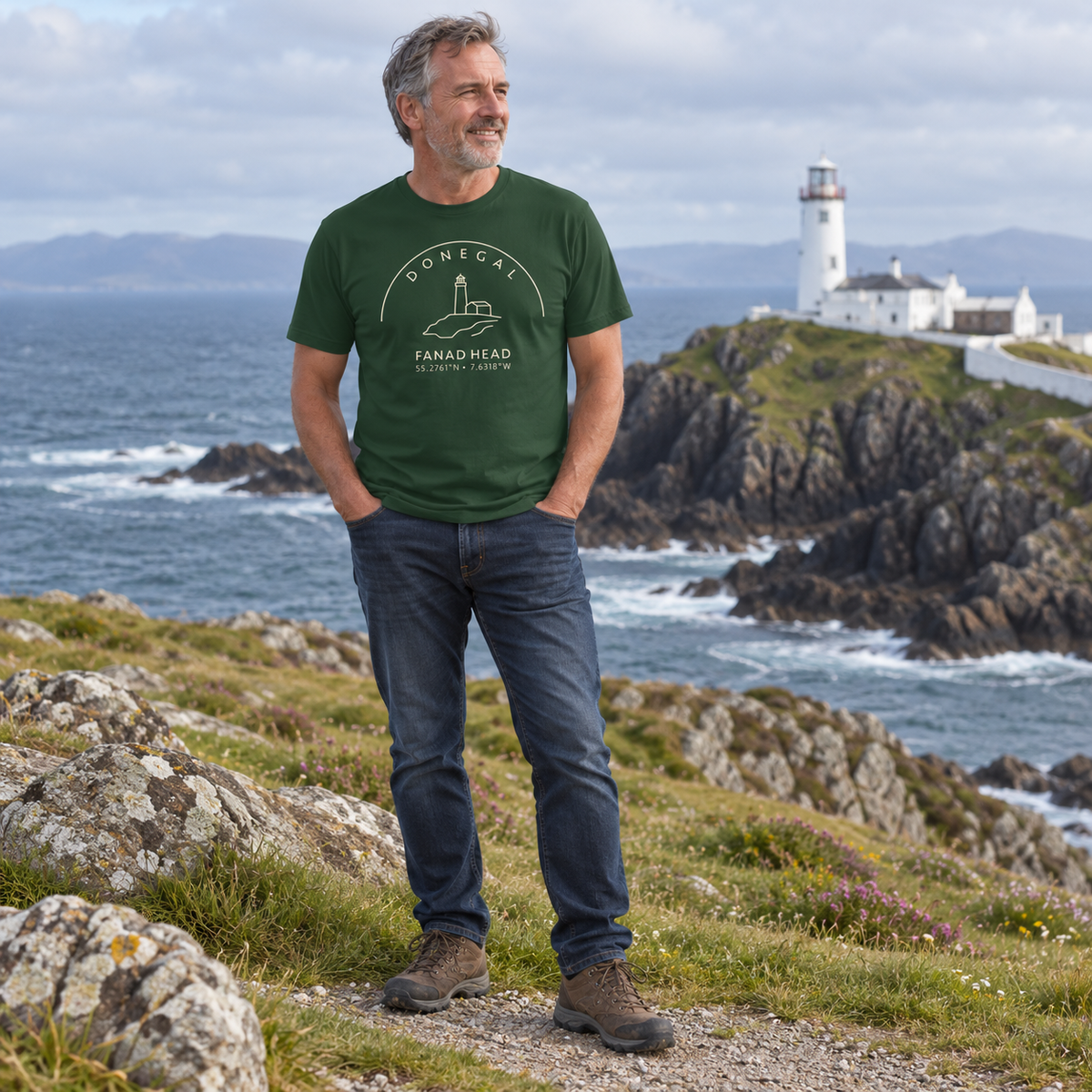 Man wearing Donegal Fanad Head forest green T-shirt near Fanad Head Lighthouse
