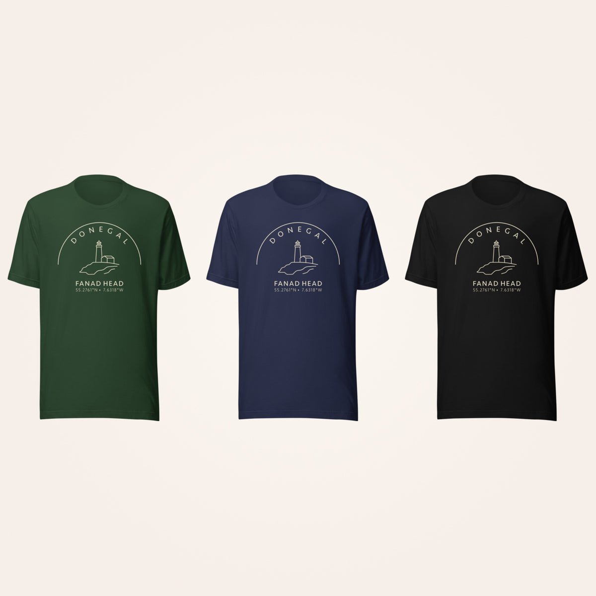 Donegal Fanad Head T-shirt in Irish forest green, navy and black