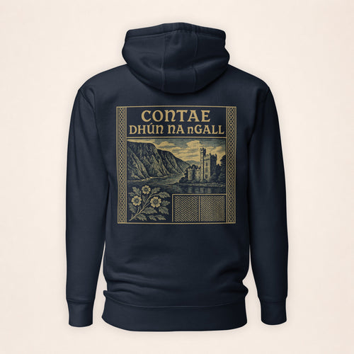 Donegal Heritage Hoodie in navy on a warm ivory background
