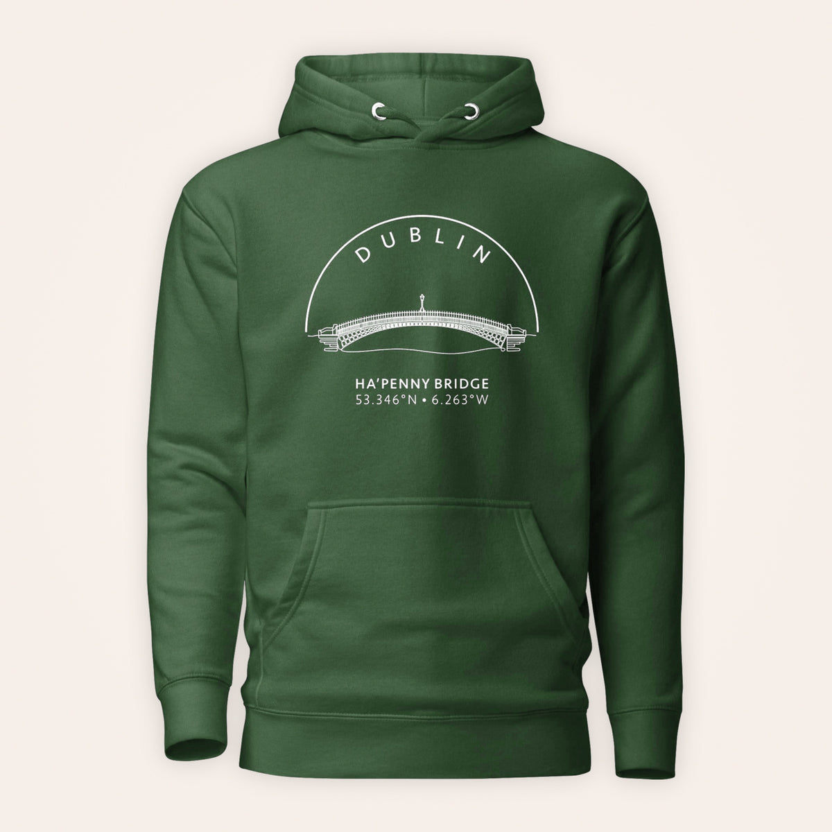 Dublin Ha’penny Bridge hoodie front view on warm ivory background
