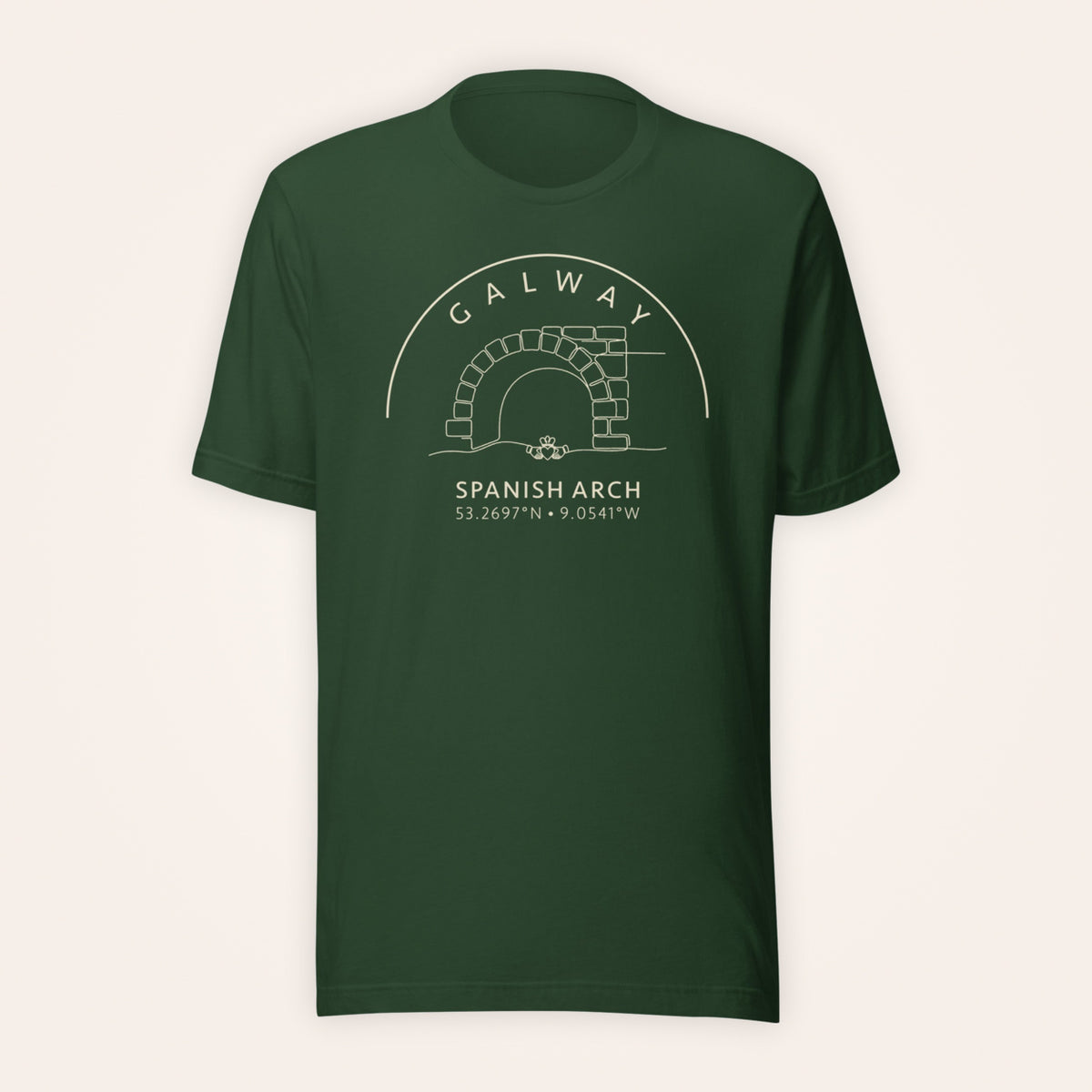 Galway Spanish Arch & Claddagh forest green T-shirt on warm ivory background