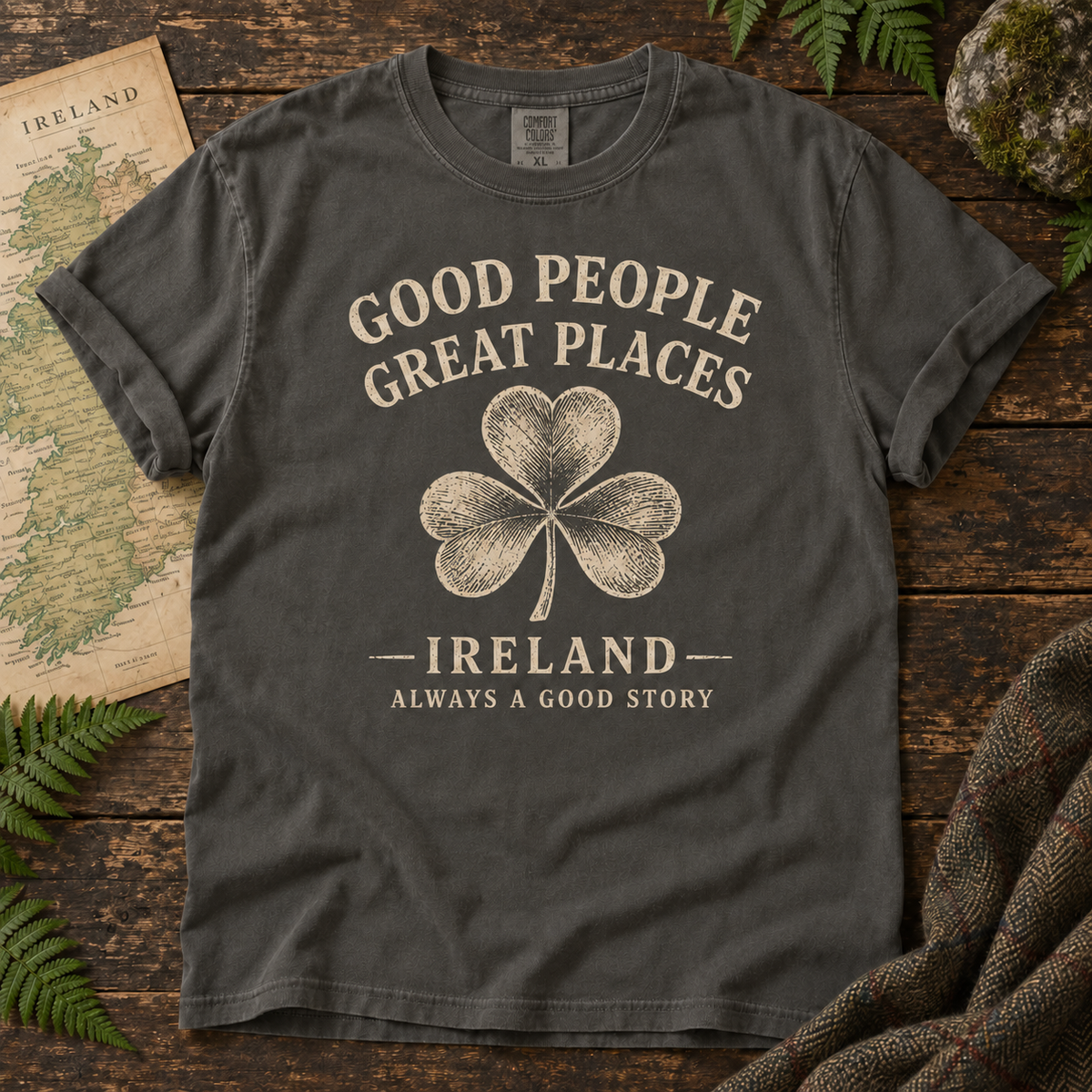 Good People Great Places Ireland T-Shirt — Pepper — Áit Standard Catalog Mockup v1