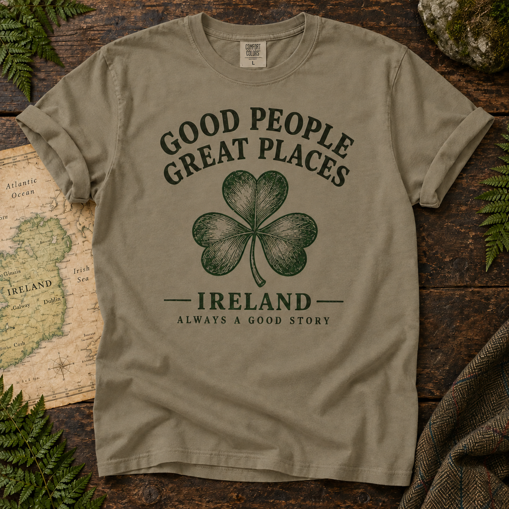 Good People Great Places Ireland T-Shirt — Sandstone — Áit Standard Catalog Mockup v1
