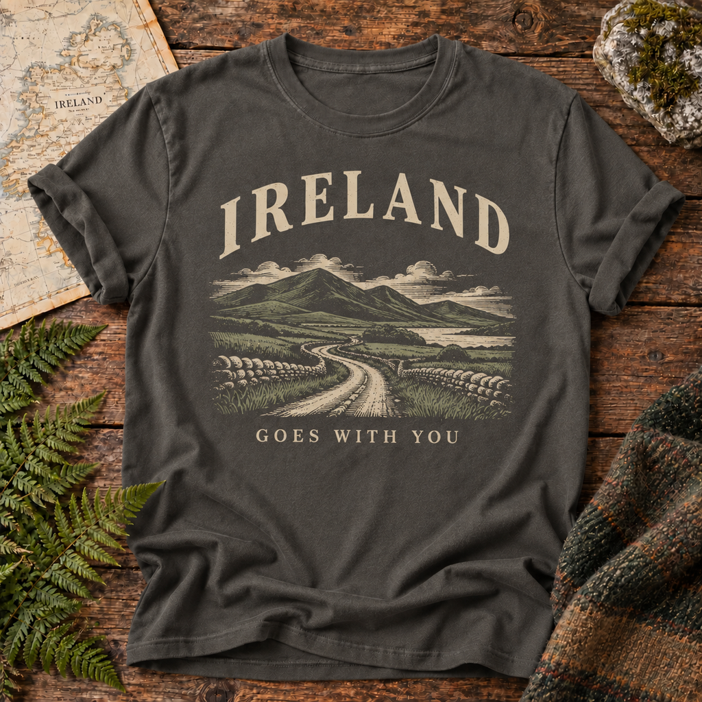 Ireland Goes With You T-Shirt — Pepper — Áit Standard Catalog Mockup v1 realistic