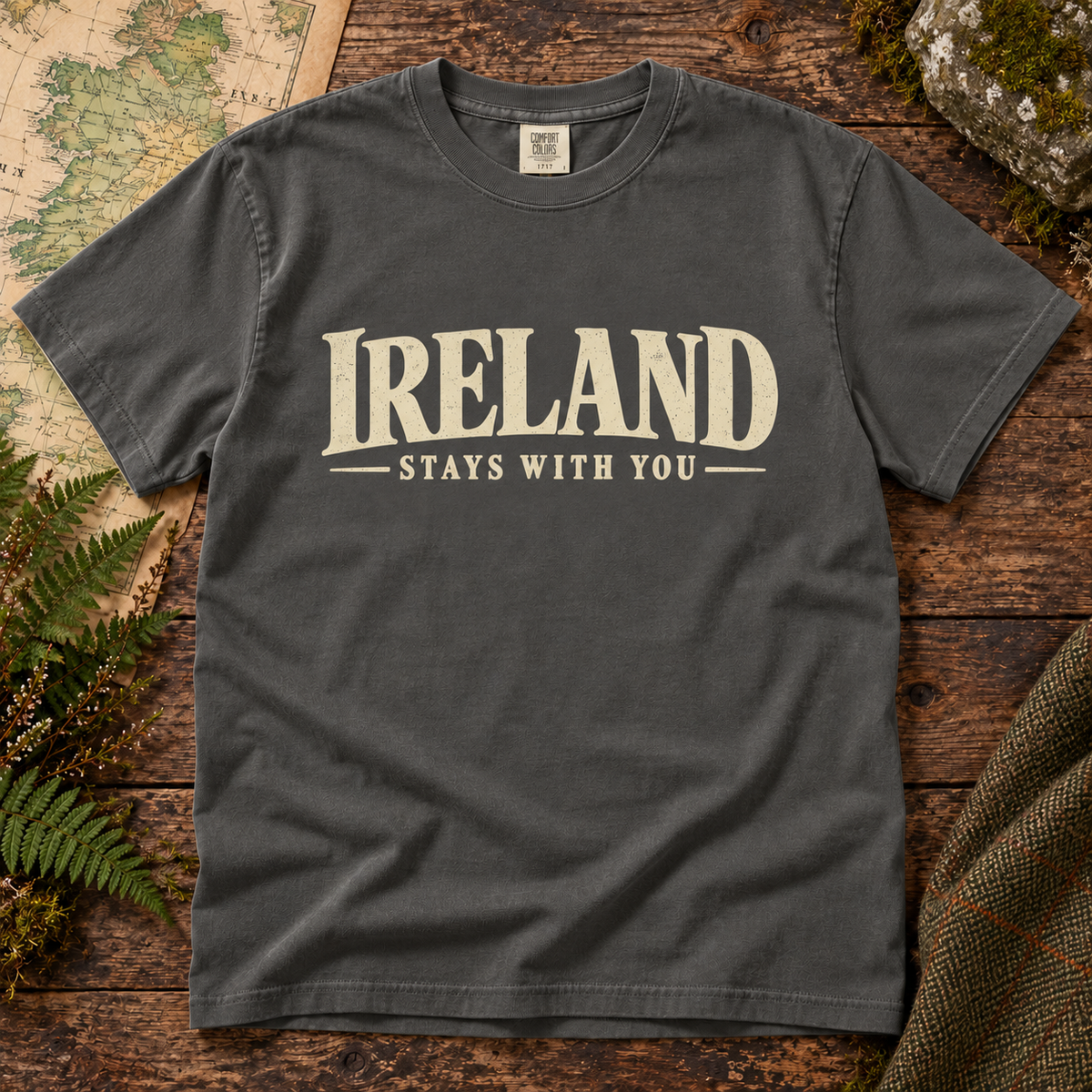 Ireland Stays With You T-Shirt — Pepper — Áit Standard Catalog Mockup v1
