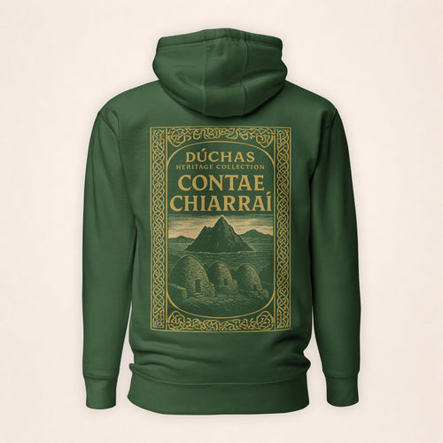 Kerry Heritage Hoodie in Irish forest green on a warm ivory background
