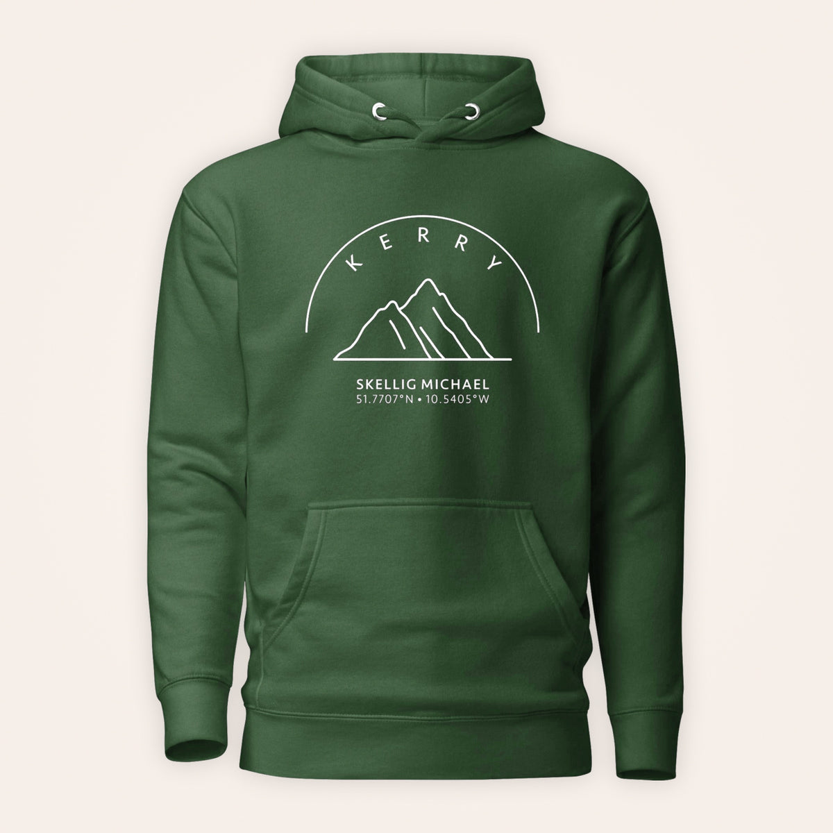 Kerry Skellig Michael hoodie front view on warm ivory background