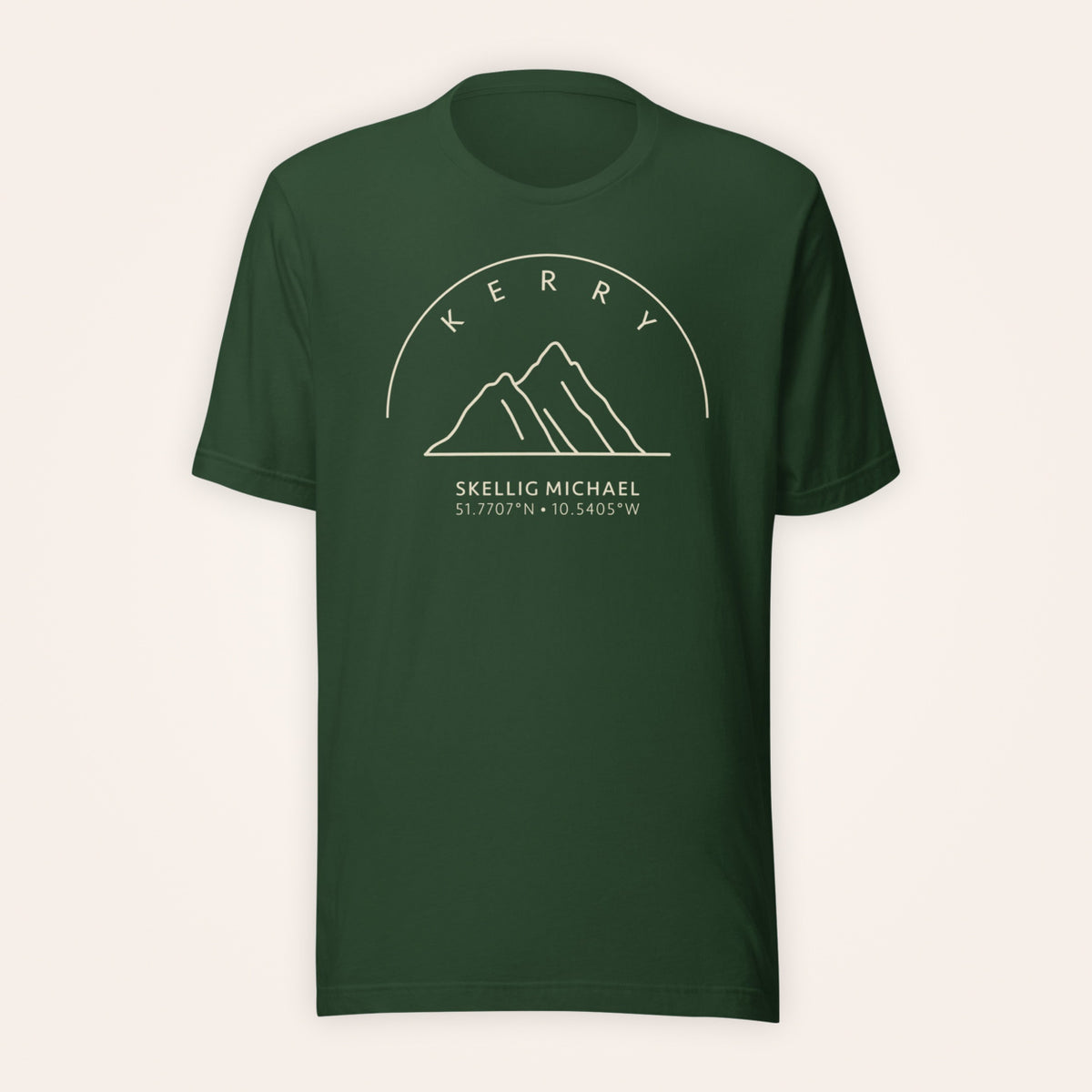 Kerry Skellig Michael forest green T-shirt on warm ivory background