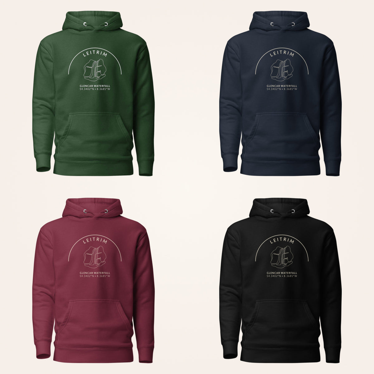 Leitrim Glencar Waterfall Hoodie colours — forest green, navy, maroon and black