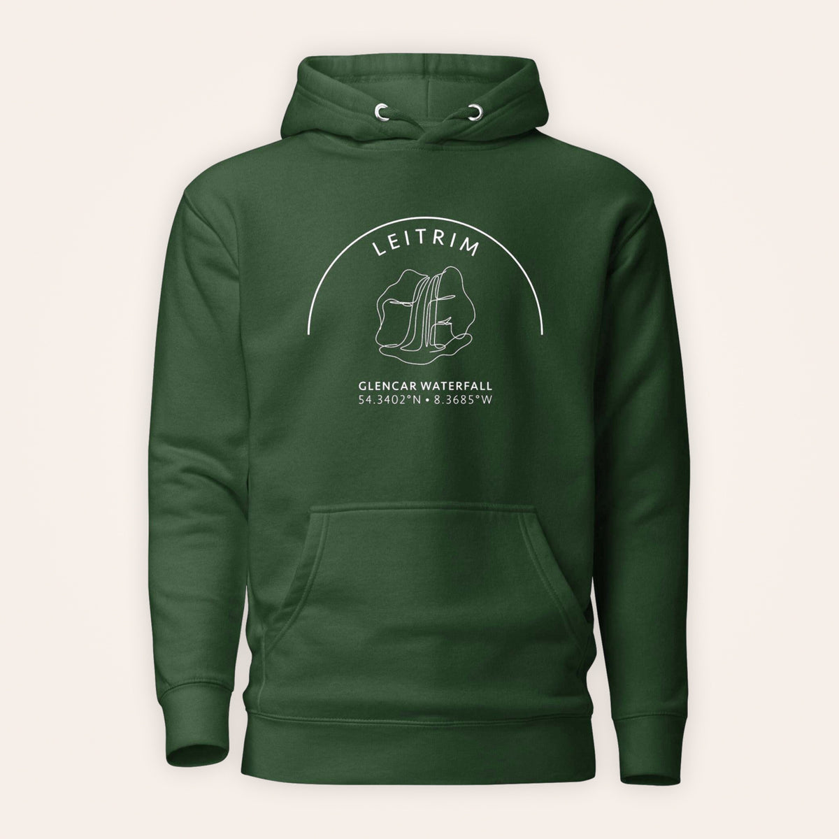 Leitrim Glencar Waterfall Hoodie in Irish Forest Green — front product view