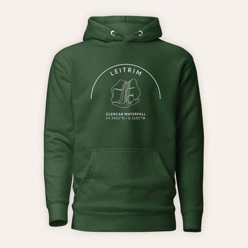 Leitrim Glencar Waterfall Hoodie in Irish Forest Green — front product view