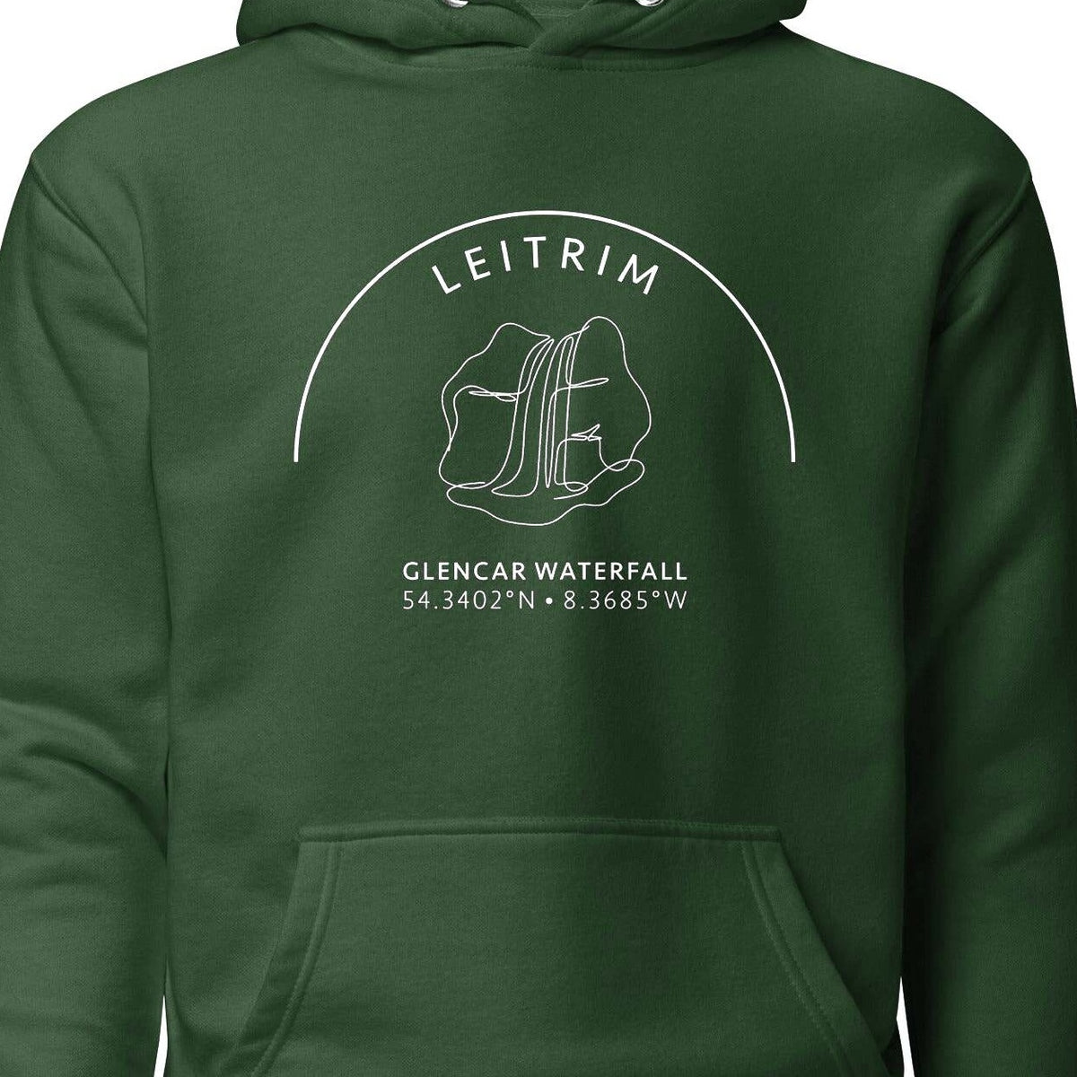 Leitrim Glencar Waterfall Hoodie — close-up of front artwork
