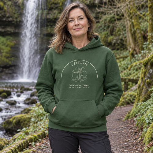 Woman wearing the Leitrim Glencar Waterfall Hoodie in Irish Forest Green