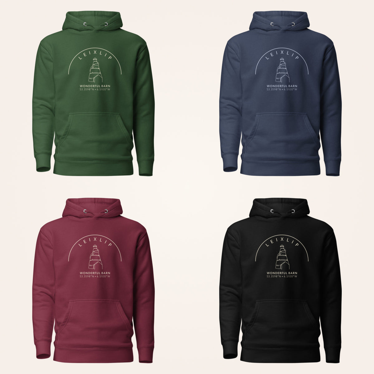 Leixlip Wonderful Barn hoodie in forest green navy maroon and black