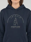 Navy hoodie with 'Leixlip Wonderful Barn' design on a plain background