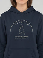 Navy hoodie with 'Leixlip Wonderful Barn' design on a plain background