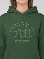 Green hoodie with 'Limerick King John's Castle' design on a plain background