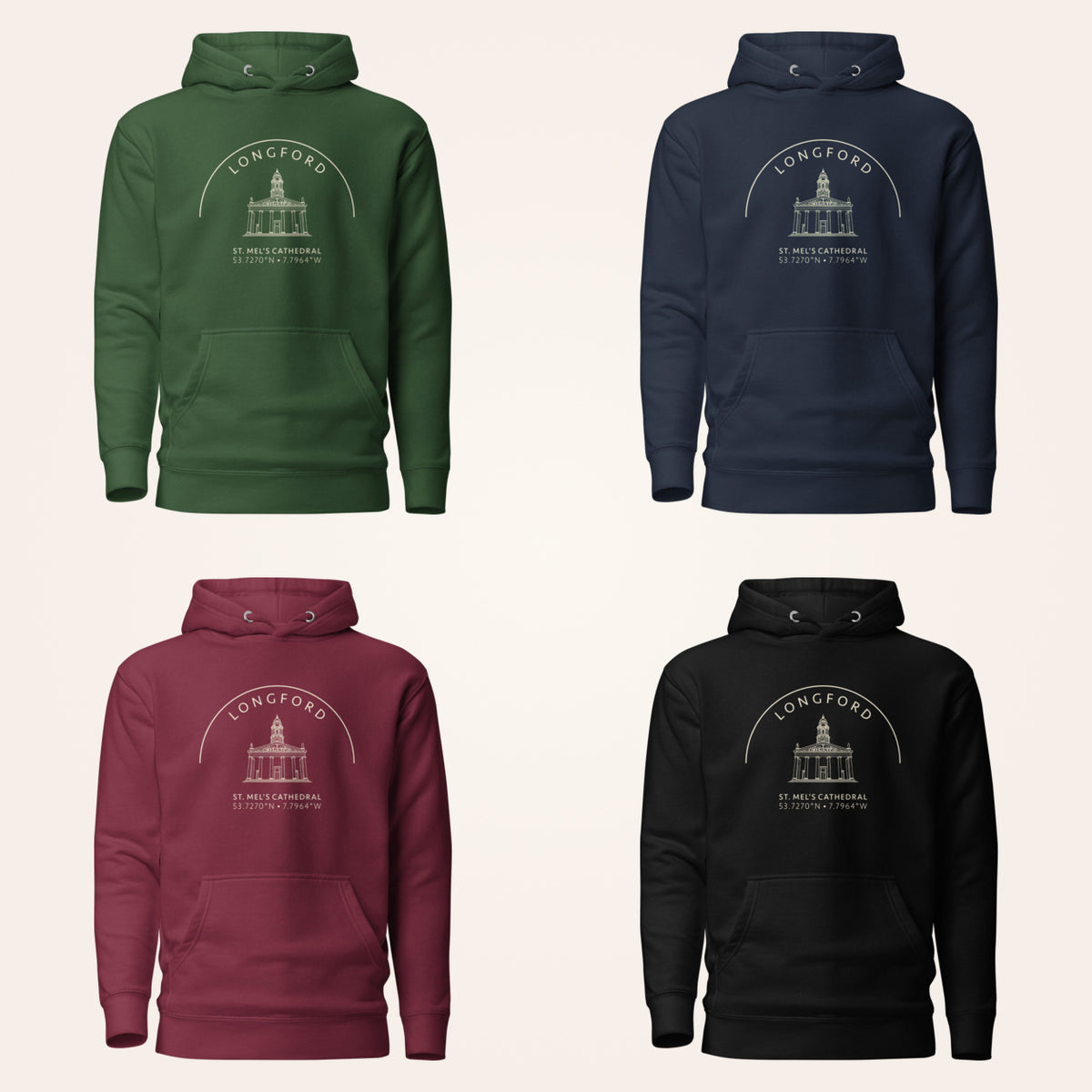 Longford St. Mel’s Cathedral Hoodie colours — forest green, navy, maroon and black