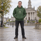Man wearing the Longford St. Mel’s Cathedral Hoodie in Irish Forest Green