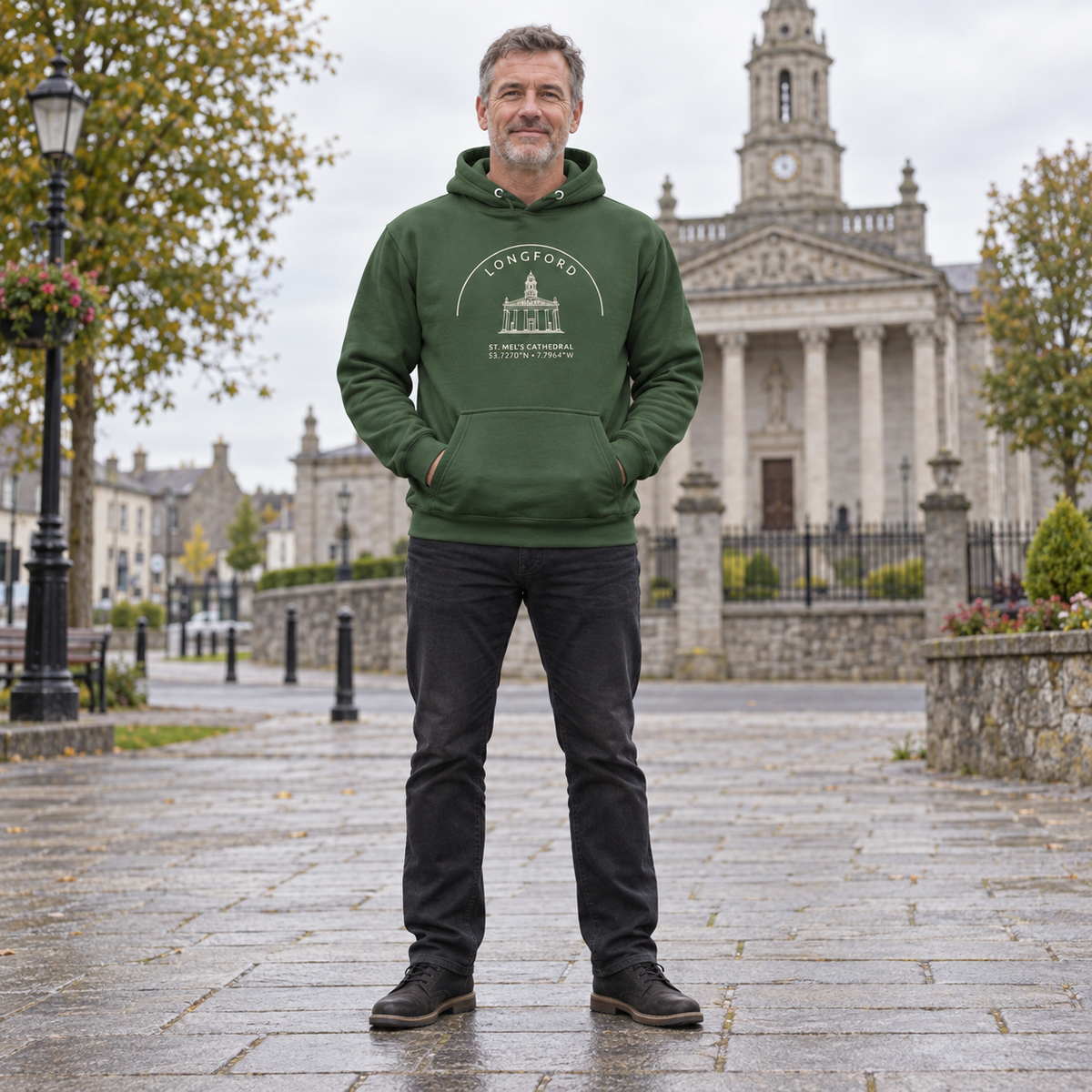 Man wearing the Longford St. Mel’s Cathedral Hoodie in Irish Forest Green
