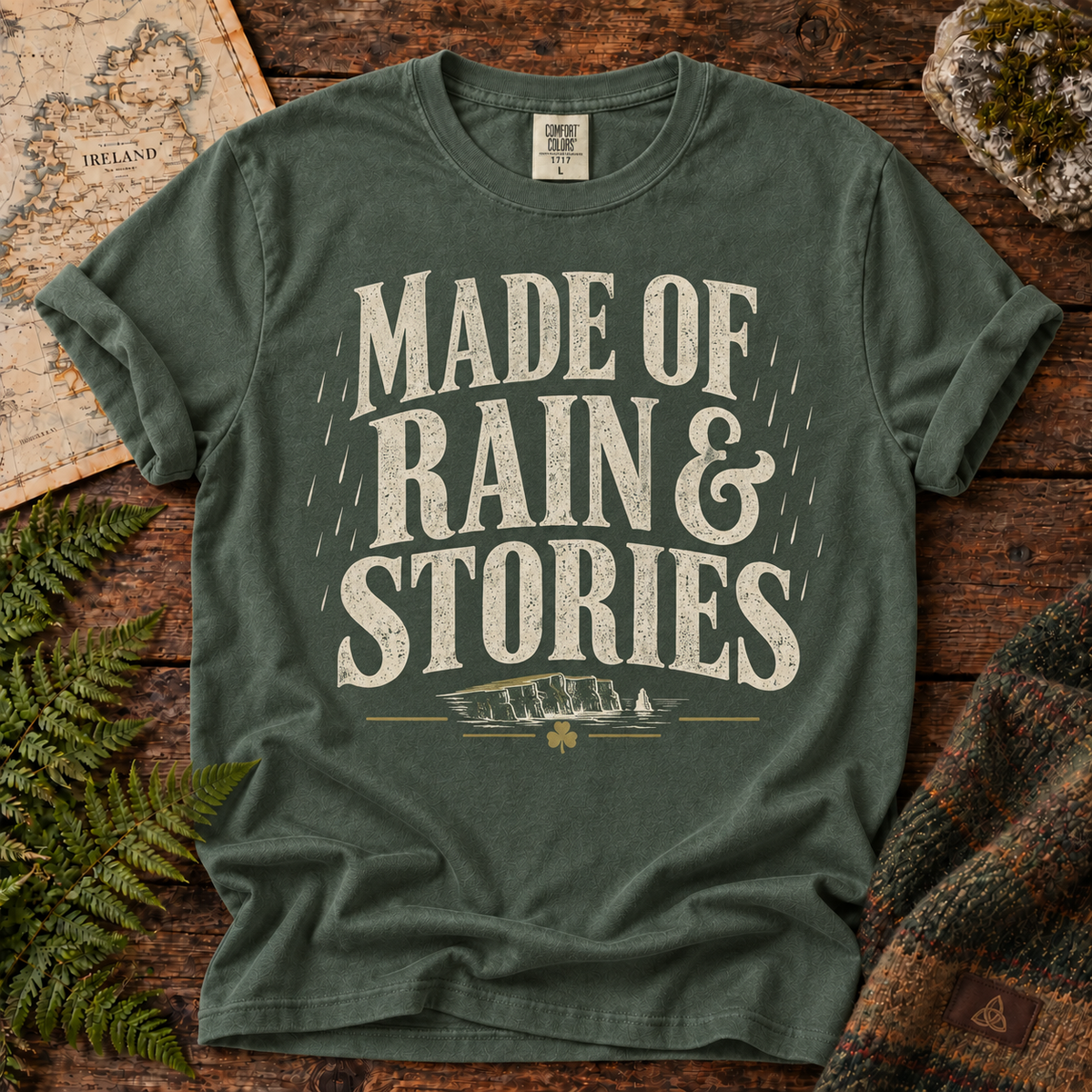 Made of Rain & Stories T-Shirt — Blue Spruce — Áit Standard Catalog Mockup v1