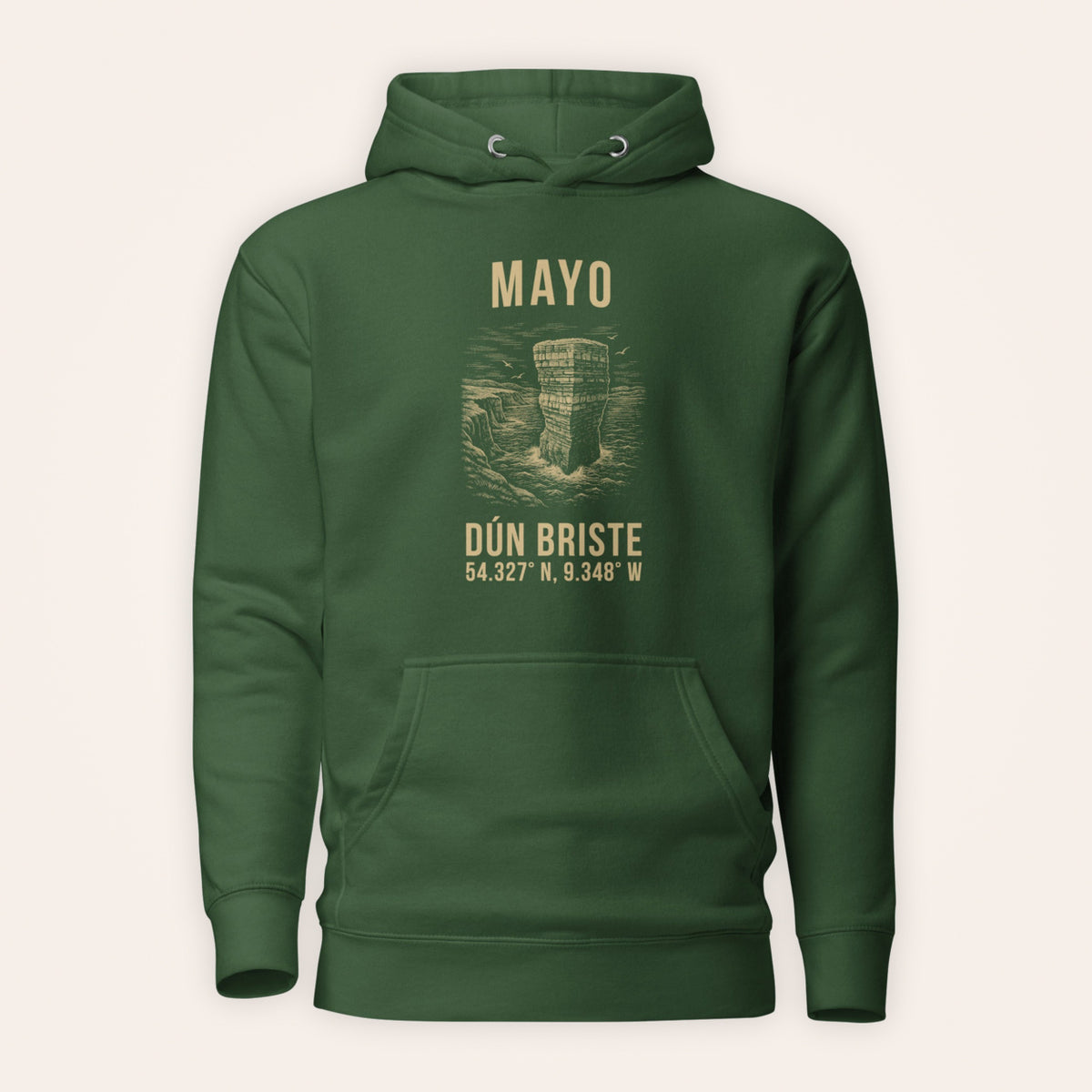 Mayo Dún Briste hoodie front view on warm ivory background