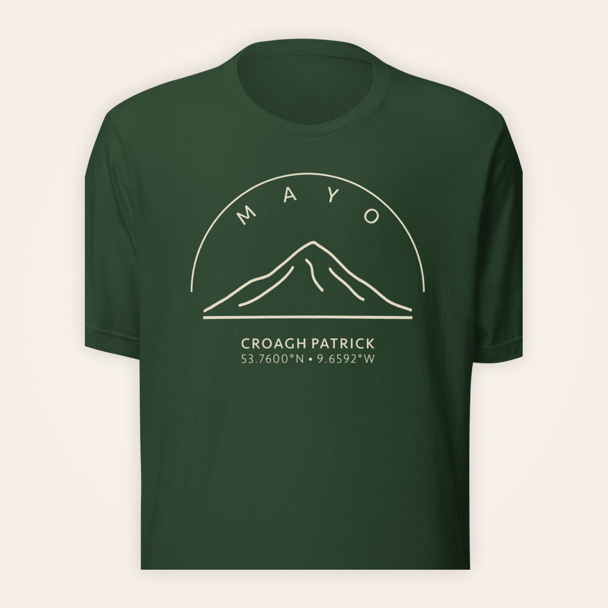Mayo Croagh Patrick forest green T-shirt on warm ivory background