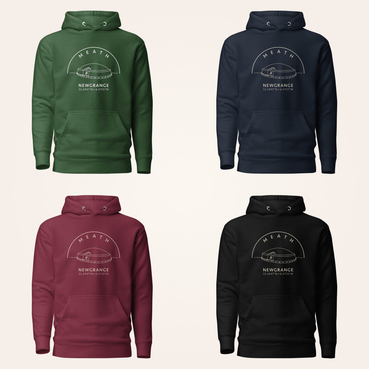 Meath Newgrange hoodie in forest green navy maroon and black