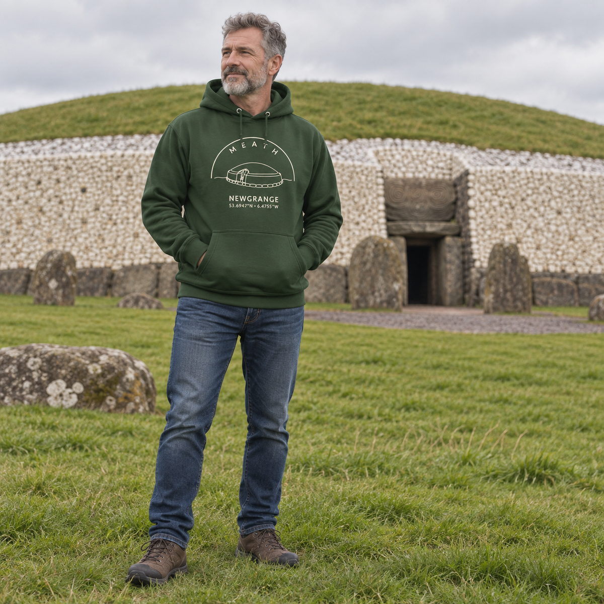 Man wearing the Meath Newgrange forest green hoodie at Newgrange