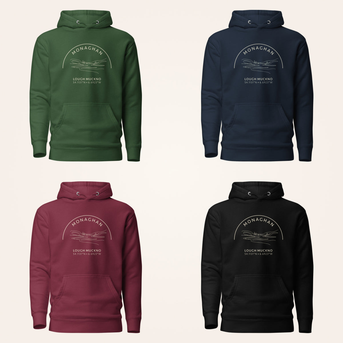Monaghan Lough Muckno hoodie in forest green navy maroon and black